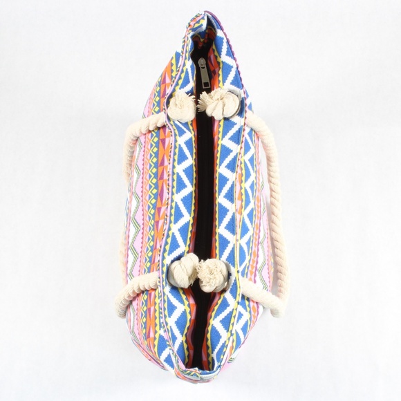 Womens Tote Canvas Printed Rope Handle Bag Pink - Picture 3 of 7